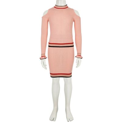 Girls pink knit frill jumper and skirt set